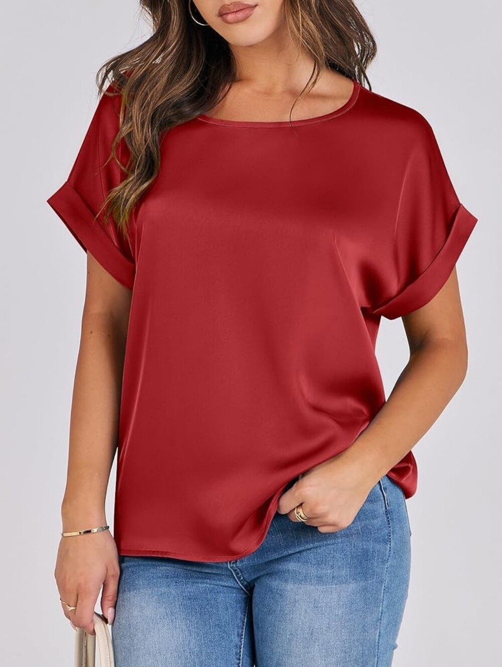 NWT Anrabess Scoop-Neck Satin Blouse in Red - M